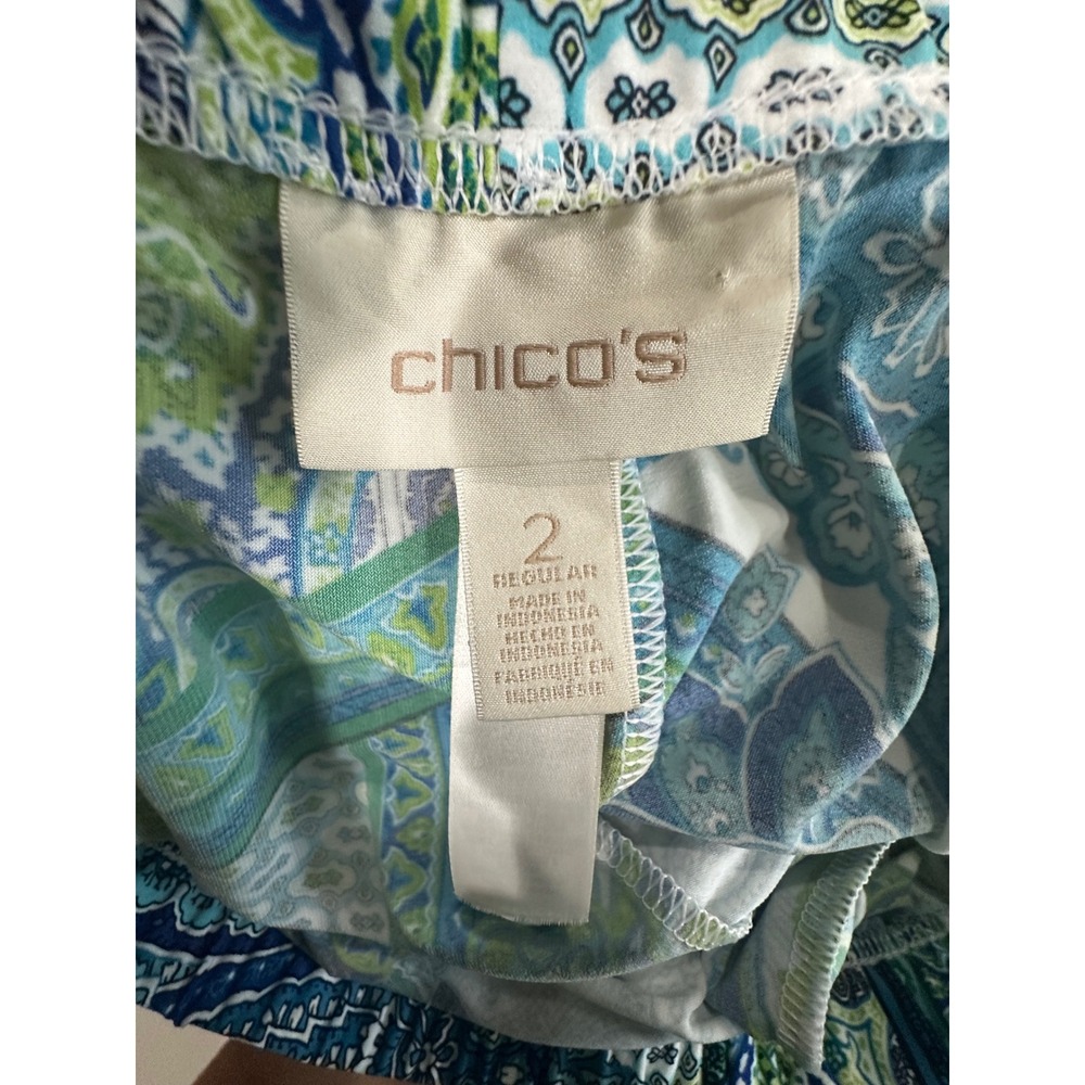 Chicos Blue Green Paisley Wide Leg Pull On Pants Size 2 XL Stretch Jersey Knit - Picture 5 of 6